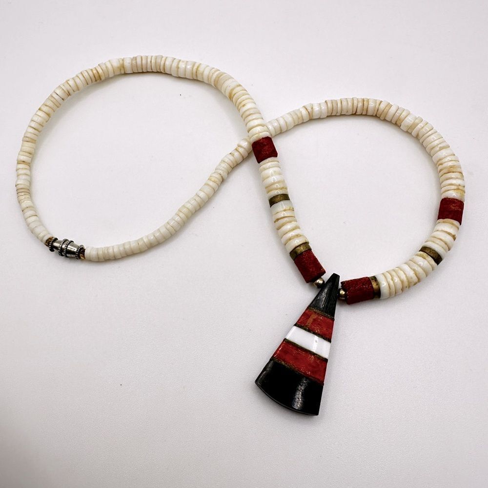 Vintage Heishi Puka Necklace with red coral and shell, 16" necklace!